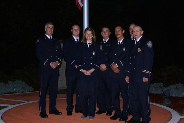 L-R Brendan Keough, Keegan Muldowney, Christina Barbour, Craig Barry, Trever Brier, Jim Stinson, and Frank Brier at the  Keeseville VFD Firefighter Monument during Firefighter 1 Graduation 10/1/2010